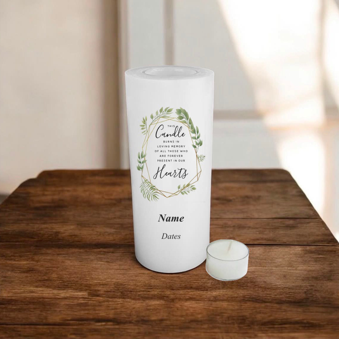 Personalised candle with memory text on a wooden surface