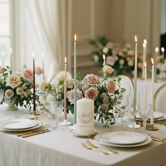 Celebration-skinny-candles_wedding table-flowers