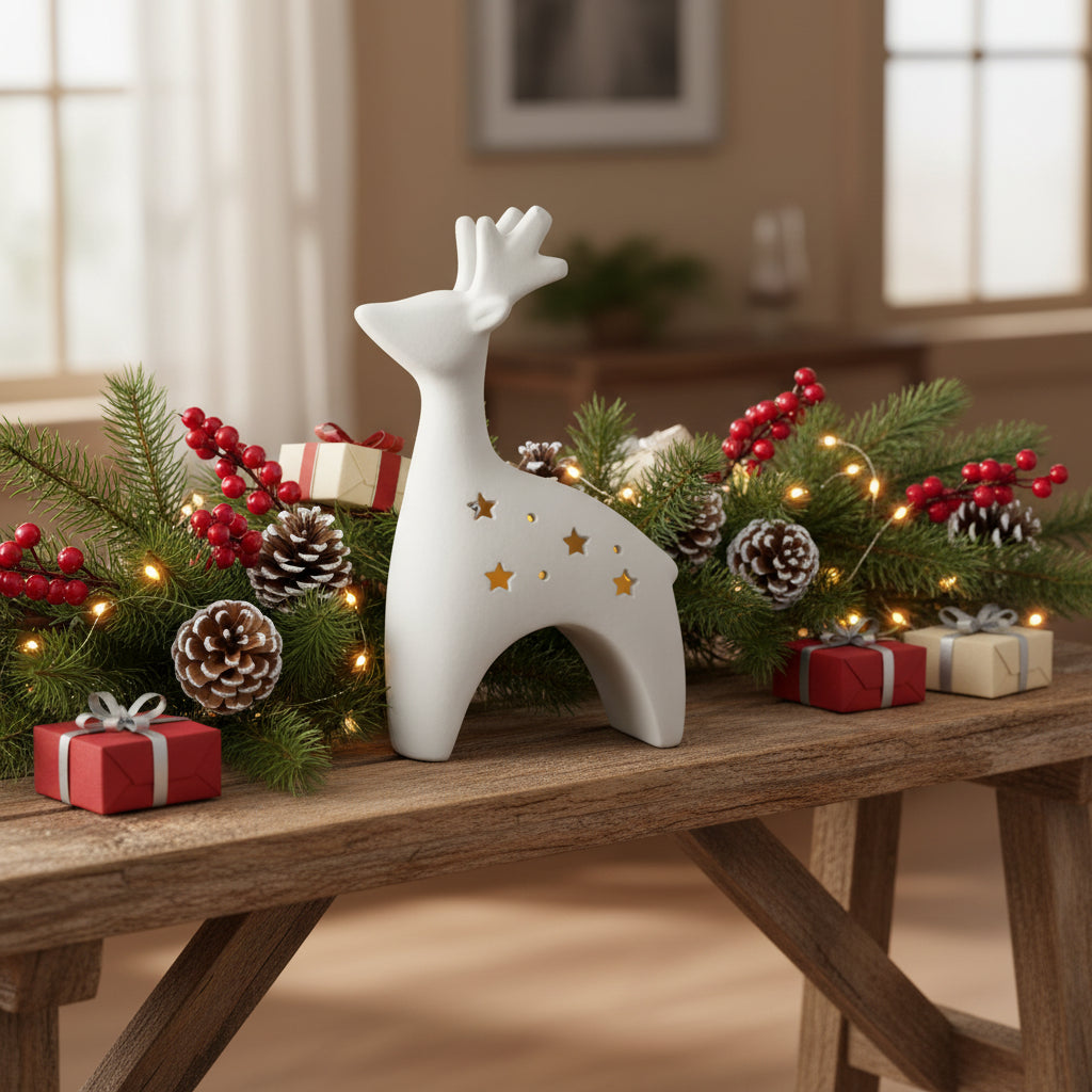 A white ceramic deer figurine with star-shaped cutouts on its side, set between Christmas decor