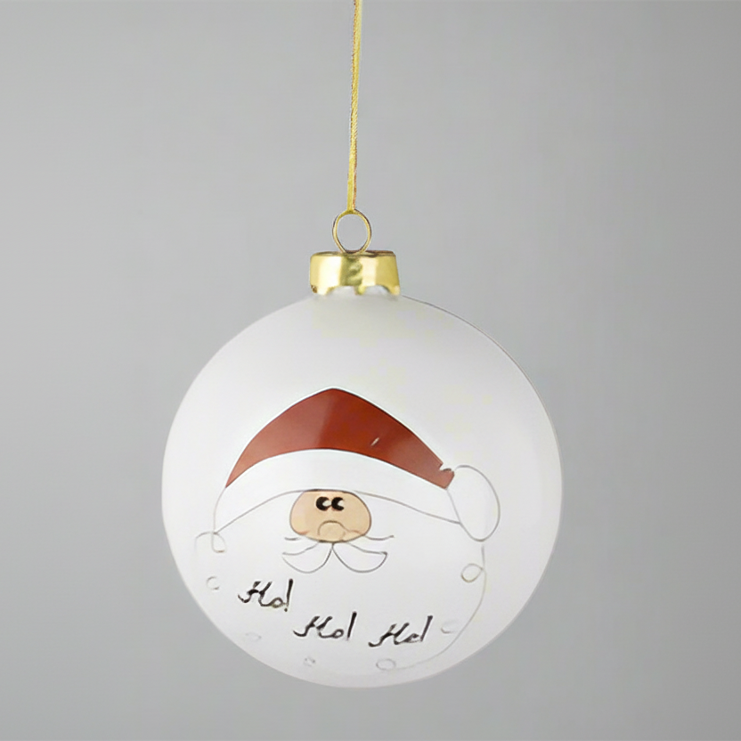 White Christmas ornament with a Santa Claus face and 'Ho! Ho! Ho!' text on a gray background