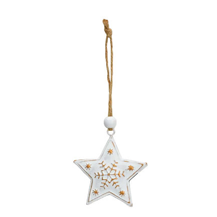 Decorative star hanger ornament with gold snowflake patterns on a white background