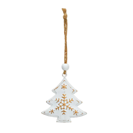 Decorative Christmas tree ornament with gold snowflake design on a white background