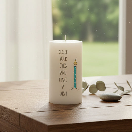 A white candle with a printed message reading 'CLOSE YOUR EYES AND MAKE A WISH' next to a small blue candle illustration