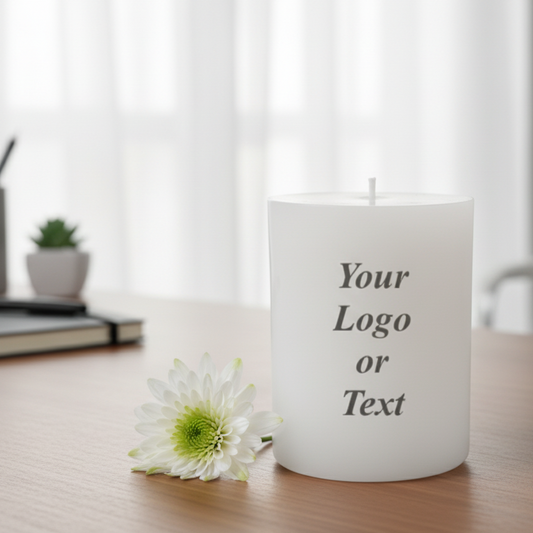 White candle with text on a table in office