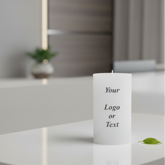 White candle with text on a white table