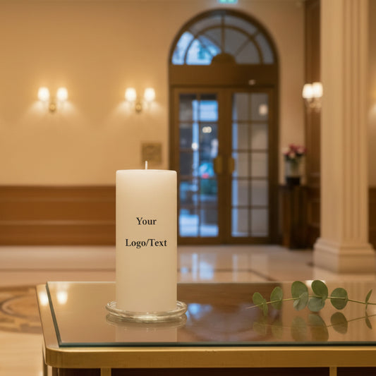 White candle with text, by the hotel entrance