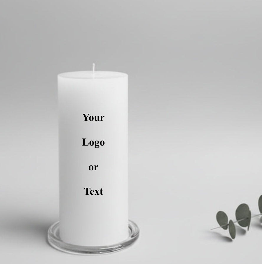 White candle with customizable text or logo on a gray background