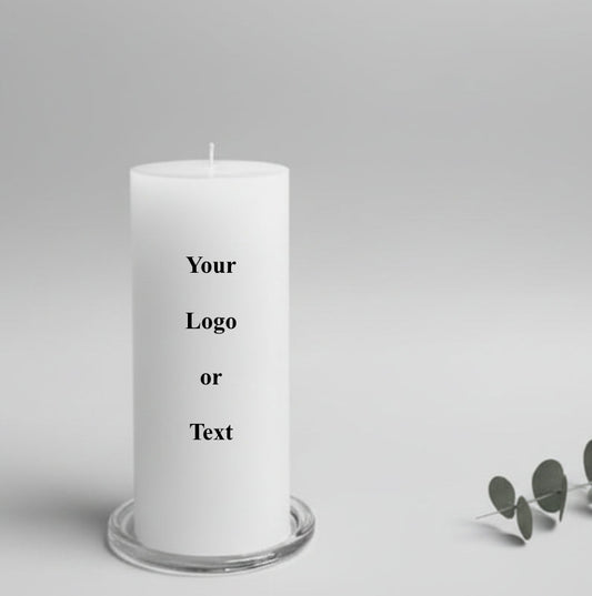 White candle with customizable text or logo on a gray background
