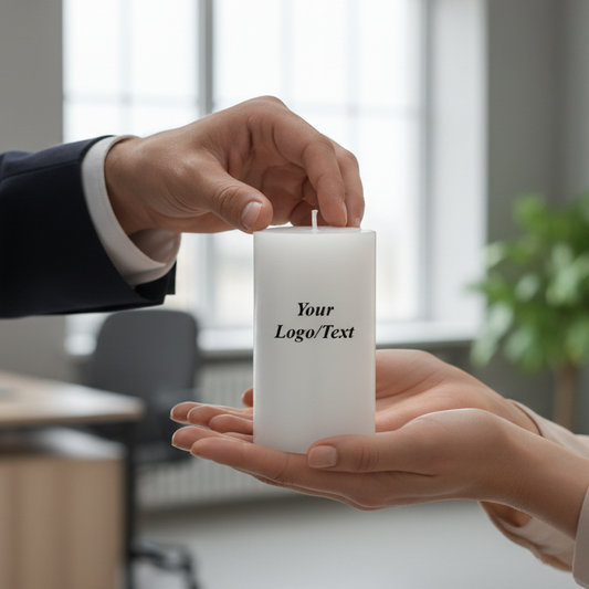 White candle with customizable text for a corporate setup