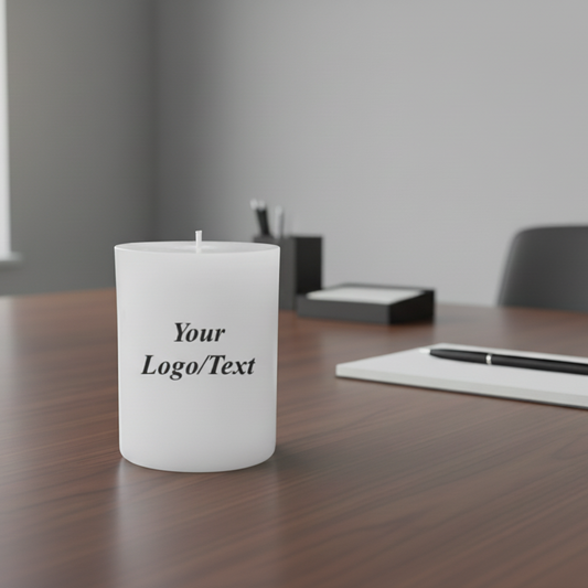 White candle with customizable text or logo 