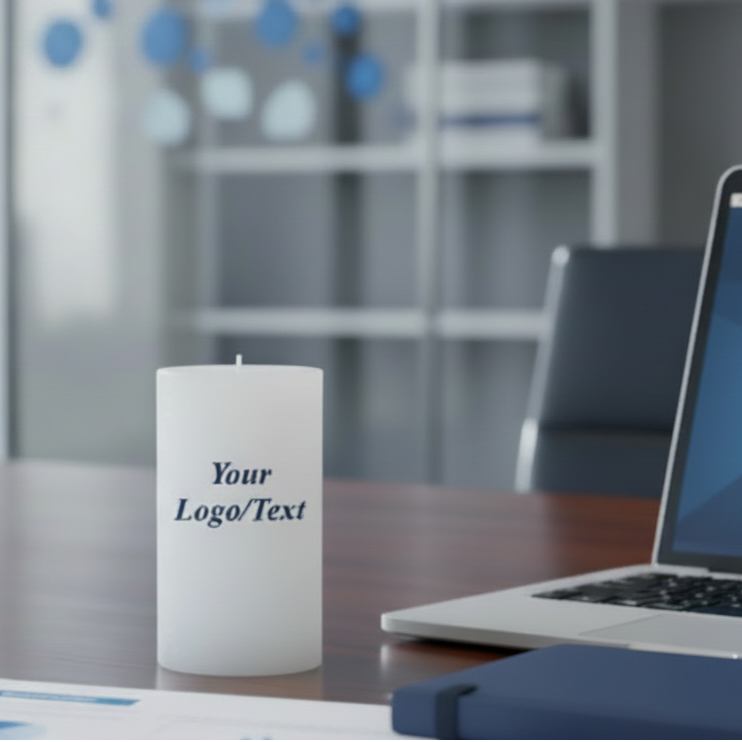 White candle with customizable text or logo on a corporate setup background