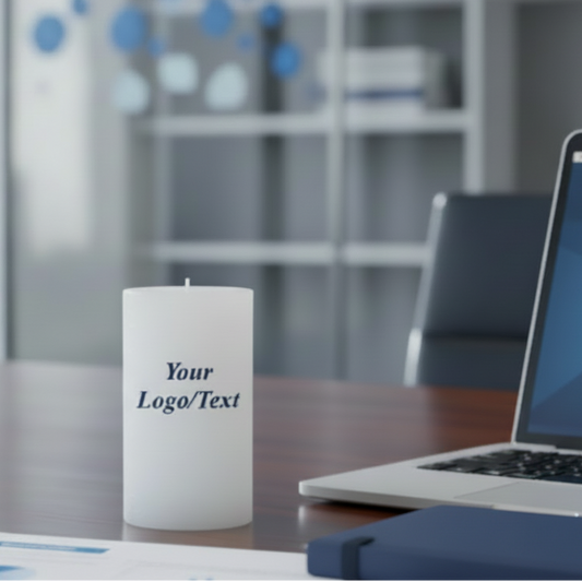 White candle with customizable text or logo on a corporate setup background