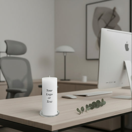 White candle with text placeholder in a office setup room