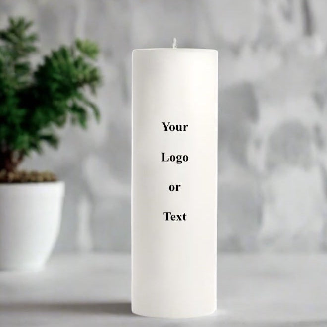 White candle with text on a gray background