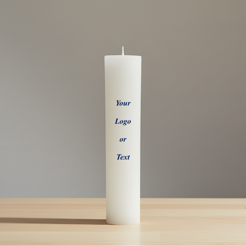 White candle on a wooden surface with a gray background