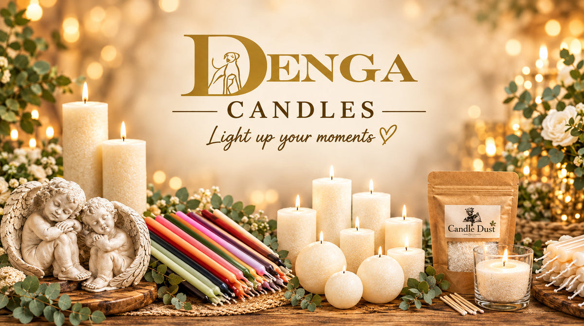 Denga Candles promotional banner featuring white pillar candles, colorful wax melts, a brown kraft paper candle package, rolled wax sticks, and decorative greenery against a warm beige background with the Denga Candles logo at the top.
