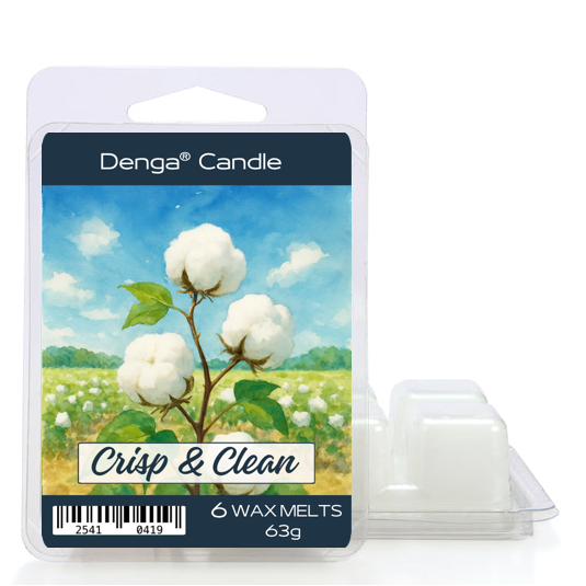 Denga Candle wax melts packaging with cotton field design on a white background