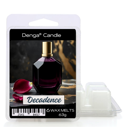 Denga Candle Decadence wax melts packaging with a purple flacon and rose petals on a white background