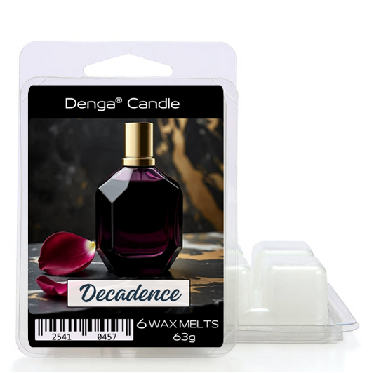 Denga Candle Decadence wax melts packaging with a purple flacon and rose petals on a white background