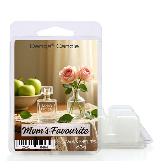Denga Candle Mom's Favorite wax melts packaging with a fragrance bottle and roses on a white background