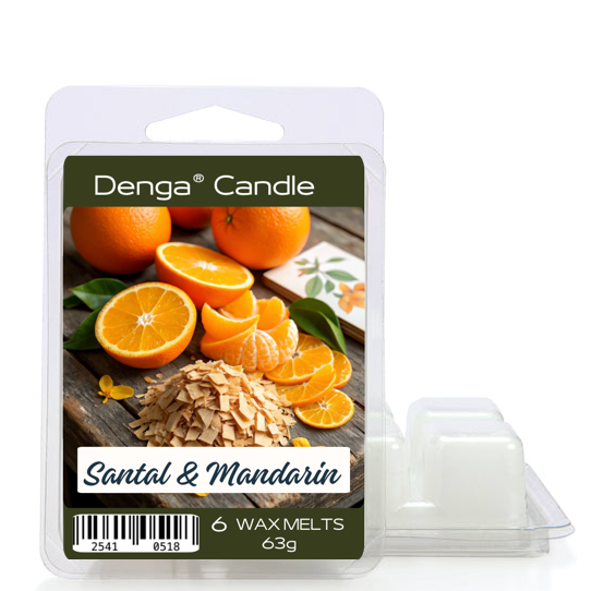 Denga Candle Santal & Mandarin wax melts in a clear plastic clamshell package with a printed front label showing oranges and sliced fruit, with one wax melt container visible beside it on a white background.