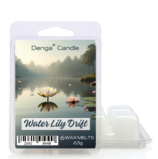 Denga Candle wax melts packaging with water lily design on a white background