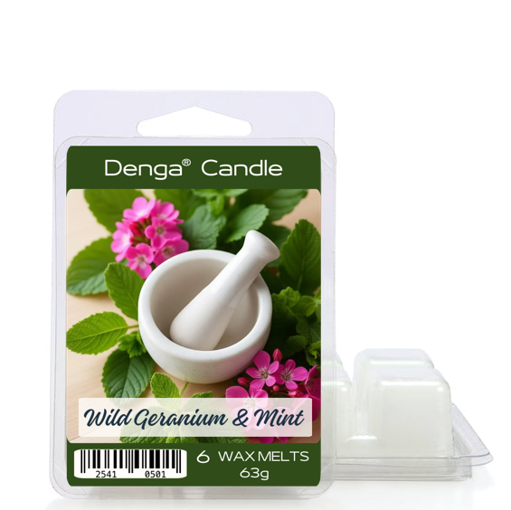 Denga Candle 'Wild Geranium & Mint' wax melts in a clear plastic clamshell package with a green label, shown next to two white wax melts on a white background.