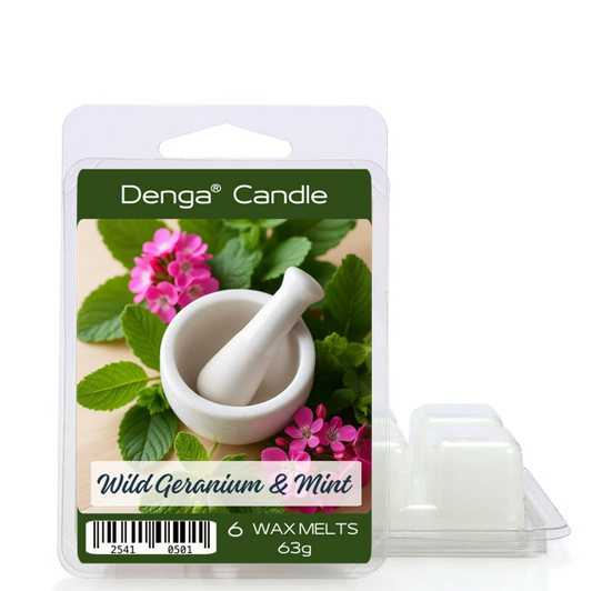 Denga Candle 'Wild Geranium & Mint' wax melts in a clear plastic clamshell package with a green label, shown next to two white wax melts on a white background.
