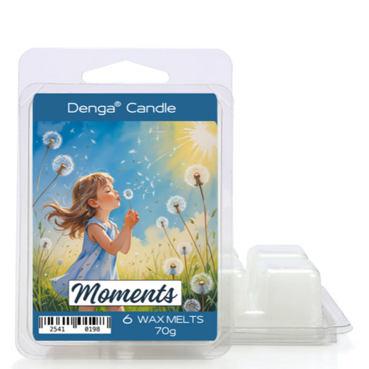 Denga Candle Moments wax melts packaging with a child and dandelion illustration on a white background