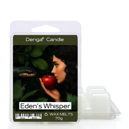 Denga Candle wax melts packaging with a woman holding an apple on a white background