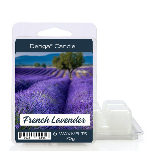 Denga Candle French Lavender wax melts packaging with lavender field imagery on a white background