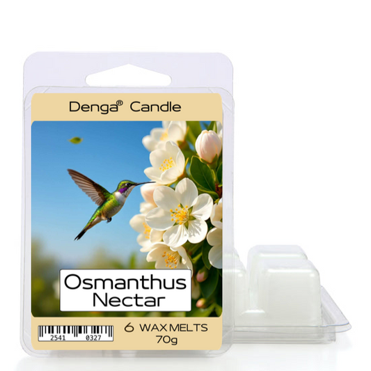 Denga Candle wax melts packaging with a hummingbird and osmanthus flowers on a white background