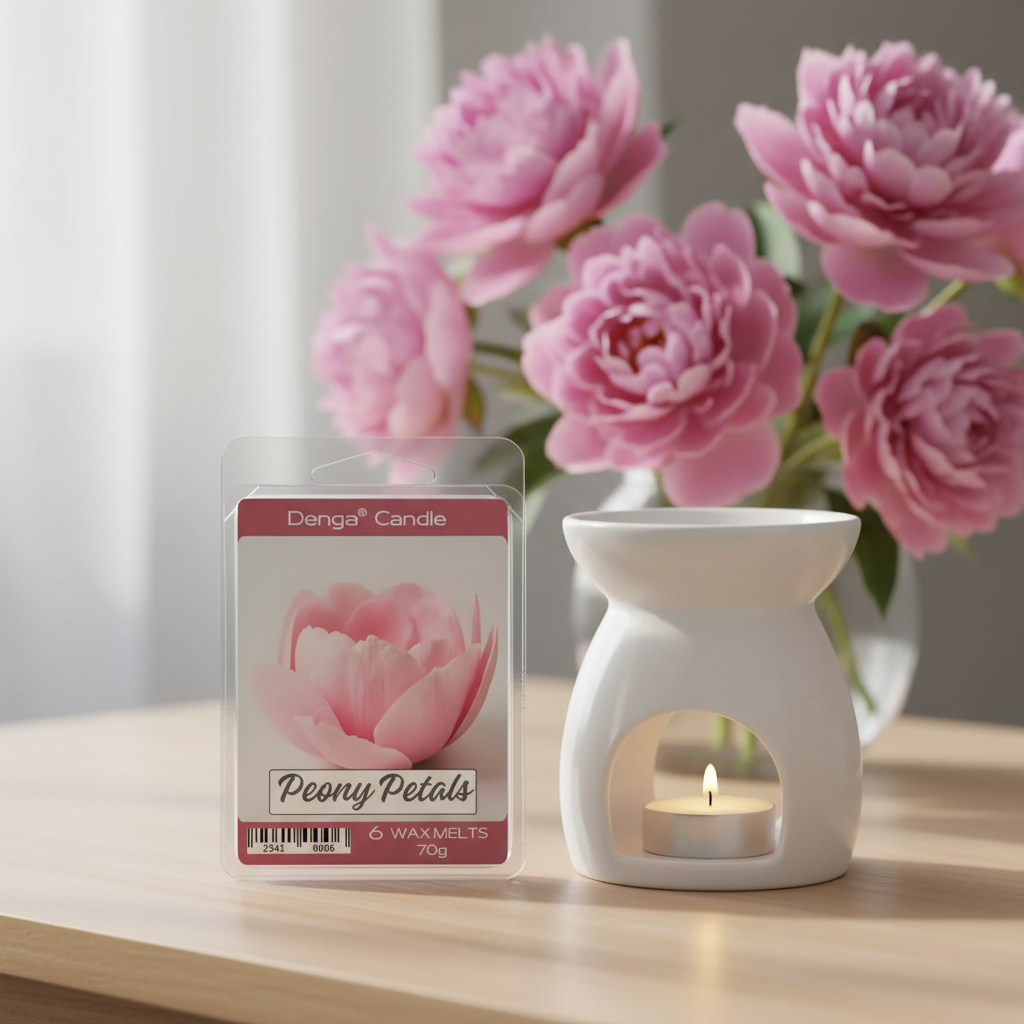 Denga Candle wax melts packaging with a pink peony flower on a desk with a fragrance burner