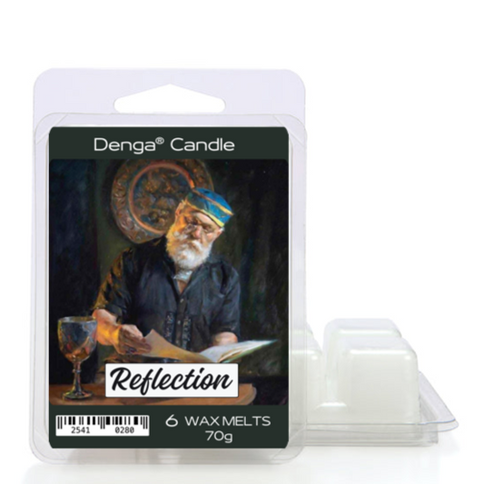 Denga Candle wax melts reflection with a man's portrait on a white background