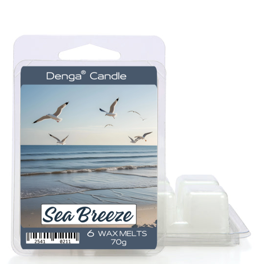 Denga Candle Sea Breeze wax melts packaging with beach scene on a white background