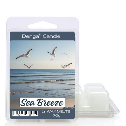 Denga Candle Sea Breeze wax melts packaging with beach scene on a white background