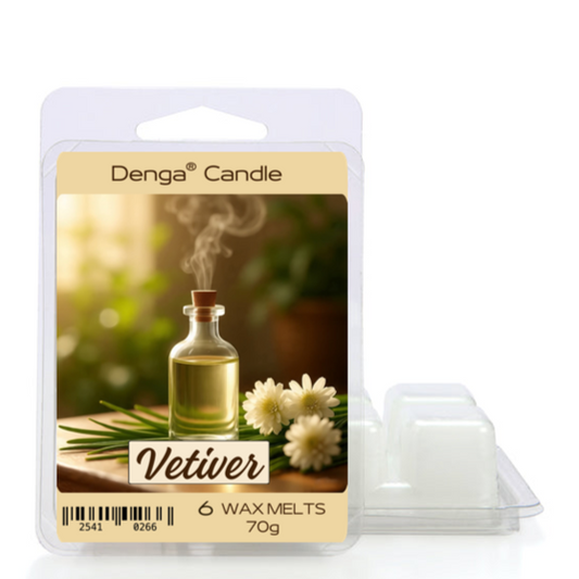 Denga Candle Vetiver wax melts packaging on a white background