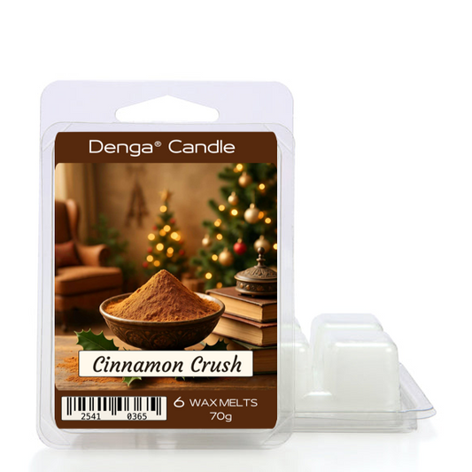 Denga Candle Cinnamon Crush wax melts packaging with a festive background