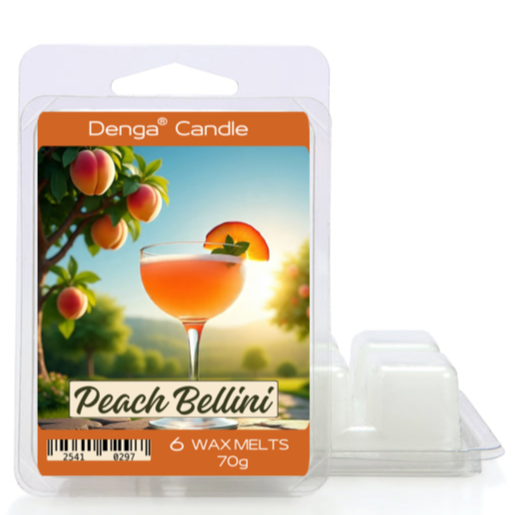Denga Candle Peach Bellini wax melts packaging on a white background