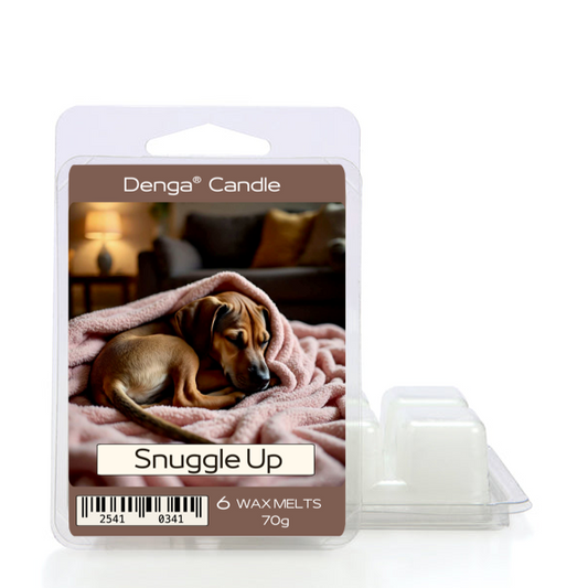 Denga Candle wax melts packaging with a dog snuggled under a blanket
