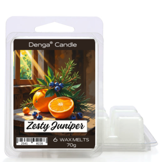 Denga Candle Zesty Juniper wax melts packaging on a white background