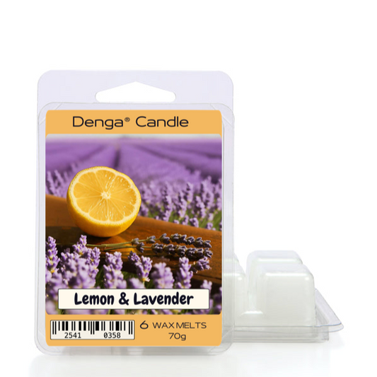 Denga Candle Lemon & Lavender wax melts packaging with a lemon and lavender design on a white background.