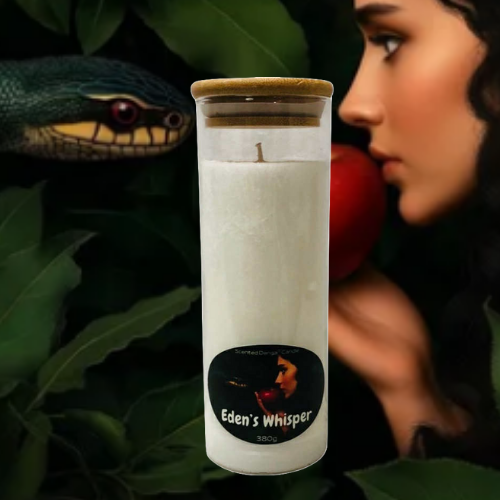 Candle labeled 'Eden's Whisper' with a snake and woman holding an apple in the background