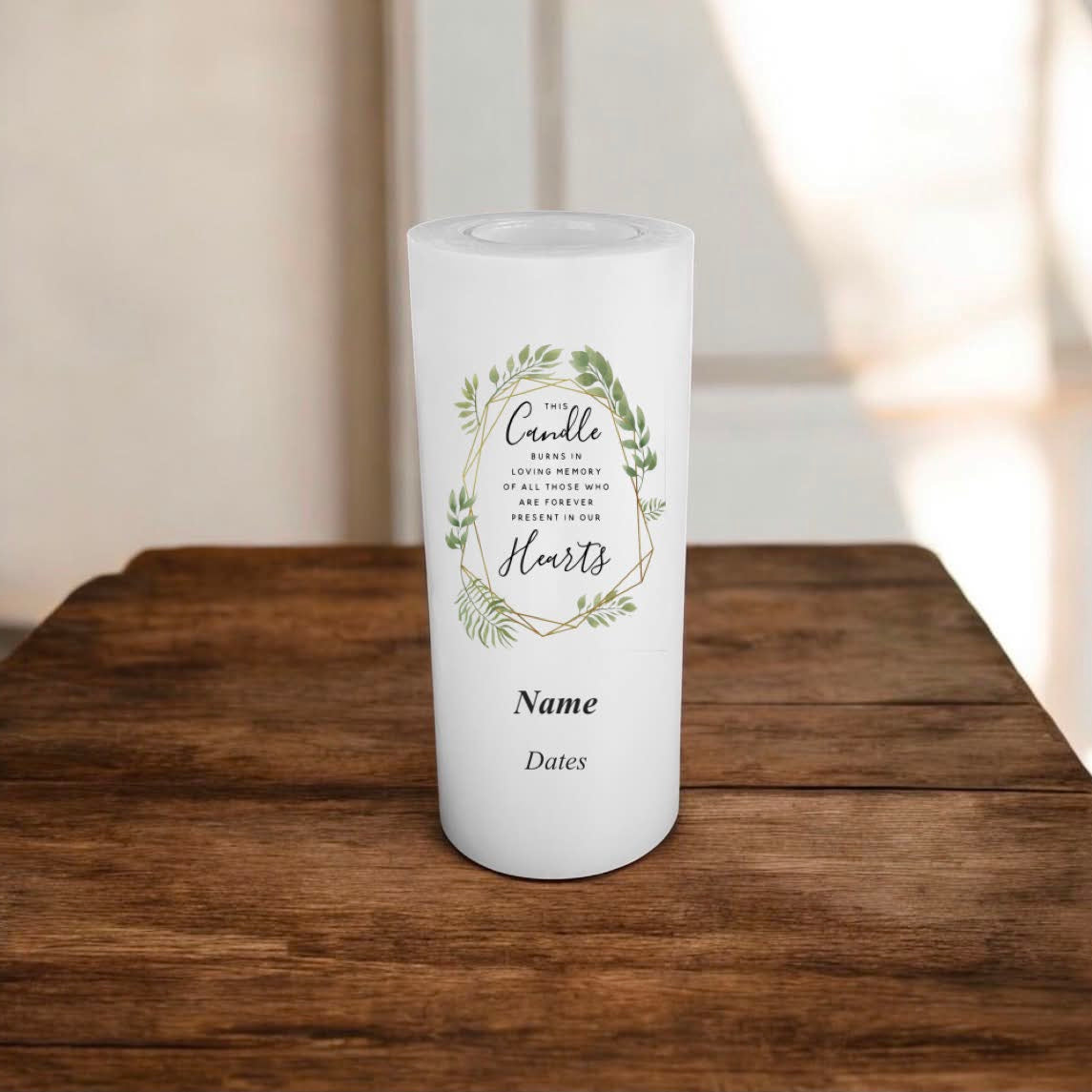 Personalised candle with memory text on a wooden surface
