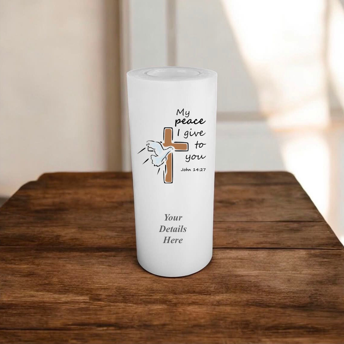 white candle with religious print, John 14:27