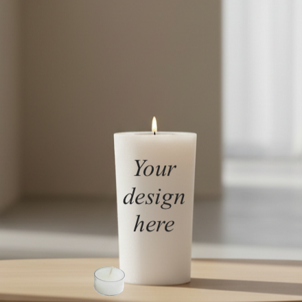 A white pillar candle with a small flame, featuring the placeholder text 'Your design here' printed on the front