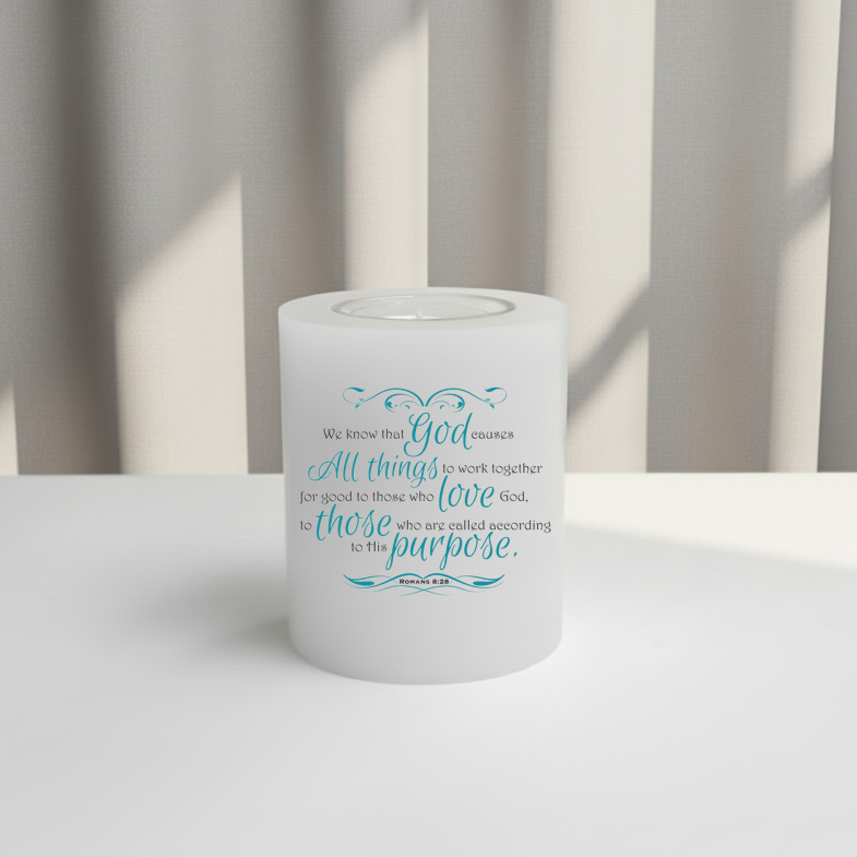 Everlasting candle with blue text on a white surface 