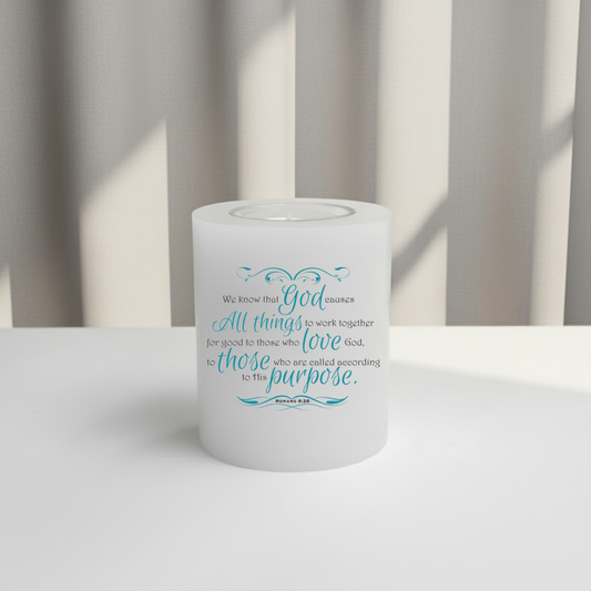 Everlasting candle with blue text on a white surface 