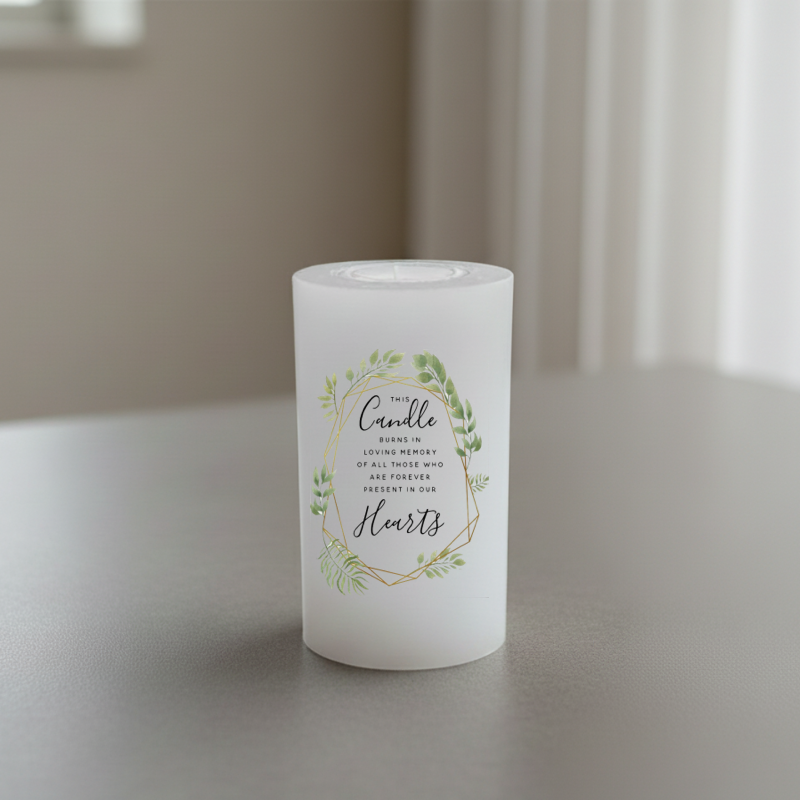 A white memorial candle with a printed green floral wreath and gold geometric border.