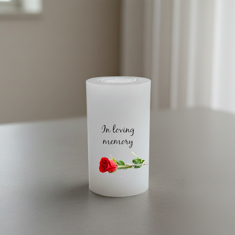 white candle printed with text and a rose 